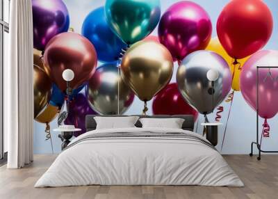 A bunch of vibrant balloons floating in the air, creating a celebratory mood. Wall mural