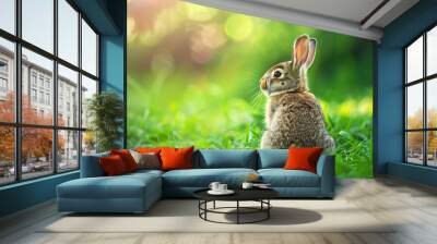 A delightful illustration of a rabbit meditating upright in a quiet meadow. This peaceful image portrays the rabbit in a serene setting, surrounded by soft grass and a tranquil atmosphere Wall mural