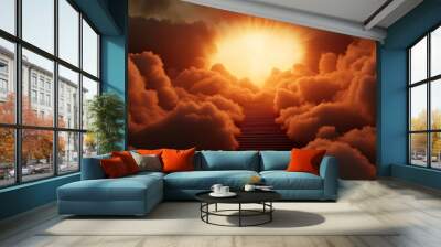 A dramatic scene of a golden staircase ascending into the clouds disappearing into a bright glowing light Soft rays of sunlight beam through the clouds illuminating the steps Angels with glowing wings Wall mural