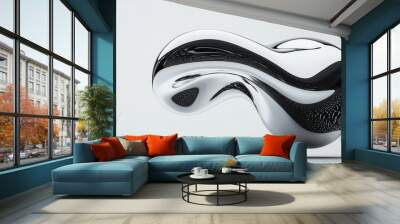 A futuristic sculpture made of liquid mercury floating and morphing in midair reflective surface capturing ambient light sleek and modern design minimalistic background with soft lighting Wall mural