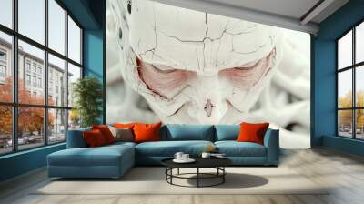 A high-resolution, HDR image of a high-tech robot with its face cracking and peeling off, revealing the face of an old man underneath, captured in studio lighting with sharp focus.
 Wall mural