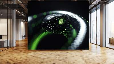 A modern and sleek digital illustration of a snake with glowing eyes coiled in a spiral symbolizing insight and wisdom with metallic green and silver accents Wall mural