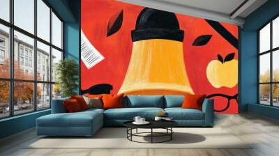 A nostalgic 2D illustration of a traditional school bell ringing with sound waves radiating outward in vibrant colors Around the bell floating in the air are various objects like a quill pen a rolledu Wall mural