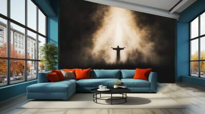 A peaceful scene showing the silhouette of Jesus Christ standing with open arms as rays of light shine down from above illuminating the figure The image captures the moment of Resurrection with a soft Wall mural