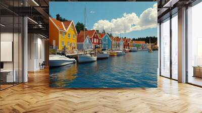 A picturesque seaside village with colorful houses boats docked at the harbor and tourists exploring the local culture evoking a sense of adventure and the charm of travel destinations Wall mural