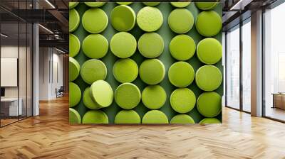 A seamless pattern featuring round green tablets of activated carbon with highlights in the spaces between them, creating a visually appealing and dynamic design. The contrast between the green tablet Wall mural