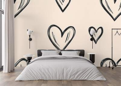 A seamless pattern of hearts drawn in black ink on a light beige background with simple line art in a minimalistic doodlelike style creating a cute and dreamy aesthetic Wall mural