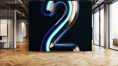 A sleek 3D rendering of the number 2 with a futuristic design and glowing neon blue edges floating against a dark background with subtle digital wave patterns. Wall mural