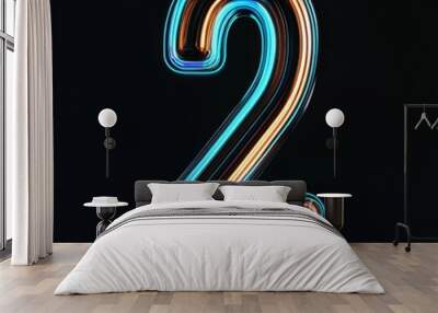 A sleek 3D representation of the number 2 with a smooth futuristic design and glowing neon blue edges, floating against a dark background with subtle digital wave patterns. Wall mural