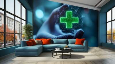 A surgeon in a high-tech suit is touching the glowing green medical cross icon on their finger, surrounded by interconnected lines and digital nodes forming a healthcare network.  Wall mural