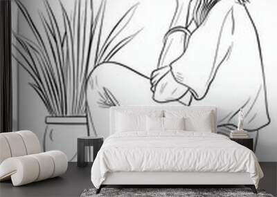 A woman relaxing scene depicted in a clean adult coloring book page, featuring black simple lines on a clean white background. This soothing illustration invites relaxation and mindfulness Wall mural