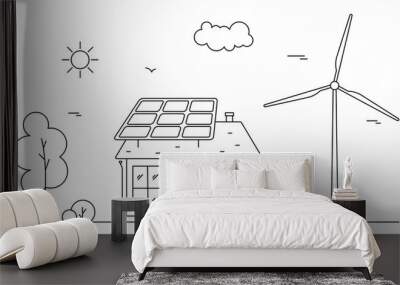 Concept of renewable solar and wind energy. Neighborhood Line art illustration with house and sun collector, windmill. Wall mural