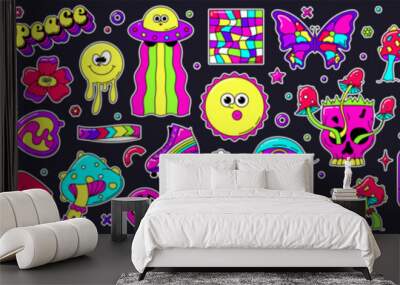 Groovy psychedelic neon colored stickers set. Sun Earth smile eye mushroom elements. Wall mural