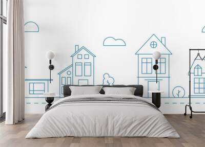 Line art vector neighborhood illustration with houses. Cityscape with blue residential buildings. Wall mural