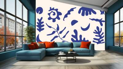 Set of blue hand-drawn sea shapes in Matisse style on white background.  Wall mural