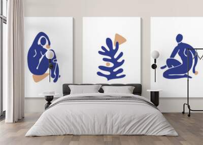 Set of five abstract posters with female silhouettes and abstract corals painted in the style of Henry Matisse. Wall mural