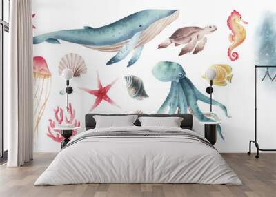 Set of watercolor marine illustrations with sea animals isolated on transparent. Watercolor marine life isolated. Hand painted set with whale. Wall mural