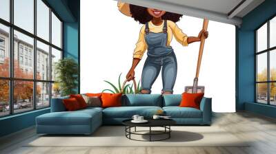 cartoon illustration black African American smiling woman farmer gardener tools Wall mural