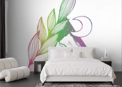 Color illustration with space and mountains inscribed in a triangle and a branch that goes beyond the triangle. Wall mural