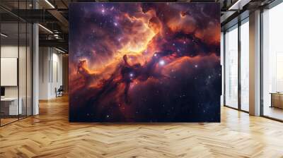 A cosmic nebula in orange and purple tones in space. Wall mural