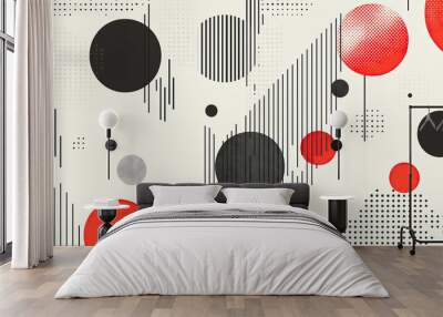 Artistic pattern with lines and circles in bold red and black colors Wall mural