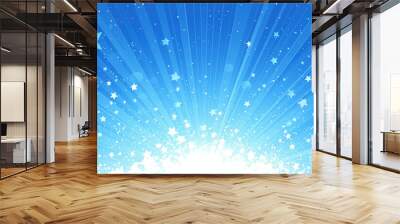 Bright light explosion with stars and rays on a blue background. A shining light with star patterns radiating out from the center. Wall mural