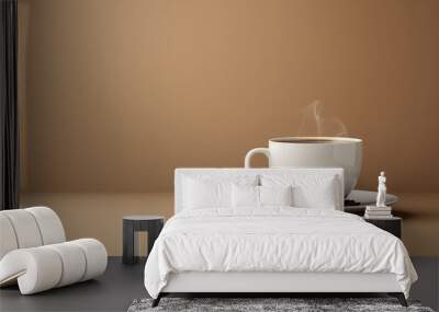 Minimalistic composition with hot coffee on a plain background.  White cup of coffee with steam on a warm beige background. Wall mural