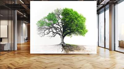 Tree divided into two parts. Concept of nature conservation, drought, water shortage. White isolated background Wall mural