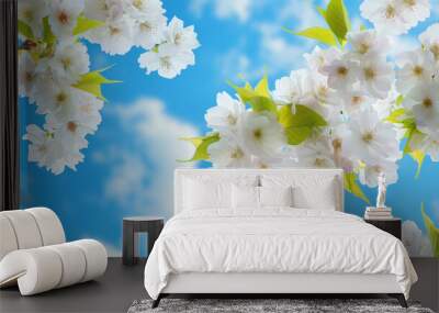 White flowers blooming in spring against the sky Wall mural