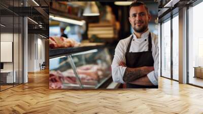 Friendly butcher stands confidently at meat counter, arms crossed, flashing warm smile. Dressed in pristine white apron, exuding professionalism. Display case showcases succulent raw steaks Wall mural