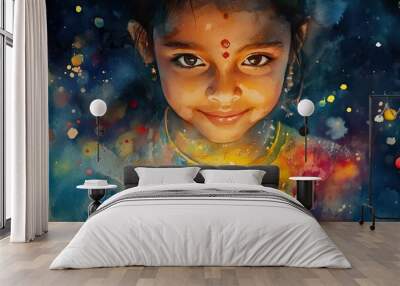 Girl with Diya lamp on Diwali festival Wall mural