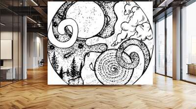 Illustrated symbol of yin yang with two cats. Landscapes of day and night in them. Wall mural