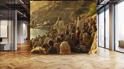 Jesus performing the miracle of feeding the 5000, with loaves and fish multiplying in his hands. He stands on a hillside surrounded by a large, amazed crowd and his disciples.  Wall mural