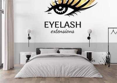 Branding for salon eyelash extension, shop cosmetic products, lashmaker, stylist. Logo and business card. Makeup with Golden feathers. Vector illustration in a modern style Wall mural