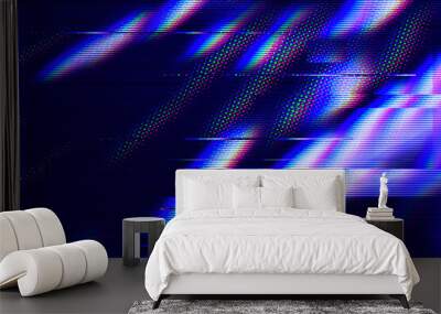 Abstract blue, mint and pink background with interlaced digital glitch and distortion effect. Futuristic cyberpunk design. Retro futurism, webpunk, rave 80s 90s cyberpunk aesthetic techno neon colors Wall mural