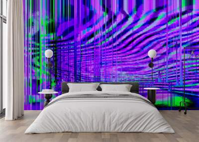 Abstract purple pink green psychedelic zebra banner background interlaced digital Distorted Motion glitch effect. Futuristic striped cyberpunk design. Webpunk rave 80s 90s 70s groovy techno neon Wall mural