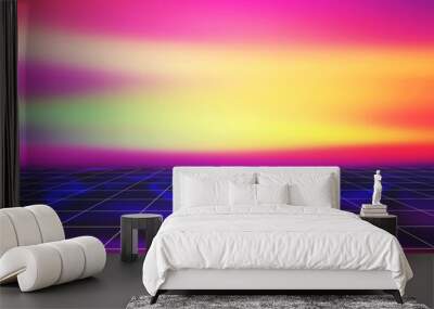 Abstract Trendy Colored Vaporwave background with perspective grid.Synthwave. Vaporwave style. Retrowave, retro futurism. 3D illustration Wall mural