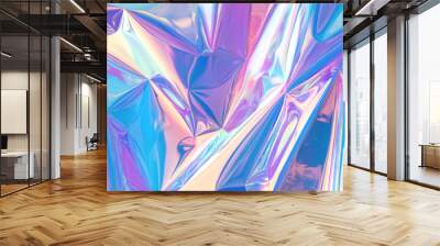 Blurred abstract Modern pastel colored holographic background in 80s style. Crumpled iridescent foil real texture. Synthwave. Vaporwave style. Retrowave, retro futurism, webpunk Wall mural