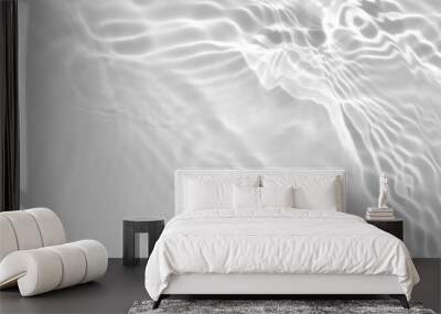 Blurred desaturated transparent clear calm water surface texture with splashes and bubbles. Trendy abstract nature background. White-grey water waves in sunlight. Copy space. Wall mural