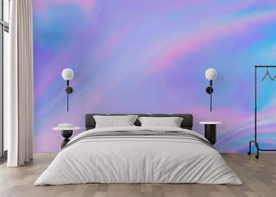 Blurred soft focused abstract trendy rainbow holographic banner background in 80s style. Textile texture in purple, violet, pink and mint soft pastel colors. Trendy ethereal candy colors backdrop. Wall mural