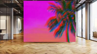 bright pink holographic neon colored abstract palm tree on sunset background with interlaced digital Wall mural