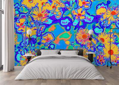 Bright psychedelic colored orange summer flowers in abstract style on mint blue background. Night club party Poster, Rave music festival or disco dance flyer design. Groovy 60s vibe floral pattern Wall mural