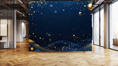 Christmas and New Year banner with gold and blue baubles, sparkling ribbons, and delicate snowflakes on a dark blue background. Holiday web designs, seasonal marketing, festive greeting cards. Wall mural