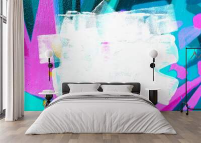 closeup of colorful teal, pink, blue urban wall texture with white white paint stroke. modern patter Wall mural