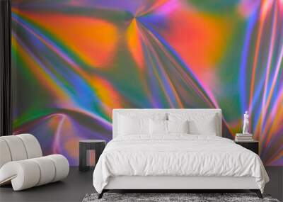 Modern bright neon purple, green, orange colored metallic psychedelic optimistic holographic foil texture. Abstract holographic background 70s, 80s, 90s, 2000s style. Psychedelic groovy retro futurism Wall mural