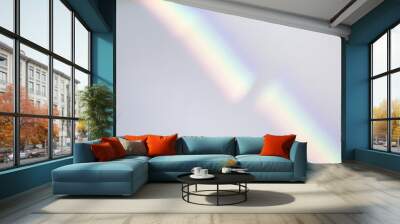 Overlay effect for photo and mockups. Organic drop diagonal shadow and ray of light with rainbow from window on a white wall. Wall mural