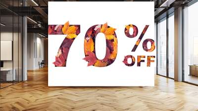 Paper cut 70 percent off text filled with texture of yellow and red autumn fall maple leaves isolated on white background. Autumn flyer, banner or poster design template. Fall shopping concept. Wall mural