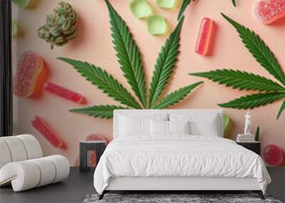 Pattern of CBD gummies and cannabis buds with cannabis leaves on pink background. Concept of cannabis edibles promoting wellness, alternative medicine, and recreational use Wall mural