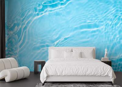 Transparent blue clear water surface texture with ripples, splashes and bubbles. Abstract summer banner background Water waves in sunlight with copy space Cosmetic moisturizer micellar toner emulsion Wall mural