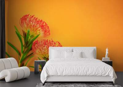 Two bright red tropical flowers laying on orange background with copy space for text. Close up, flat lay. Wall mural